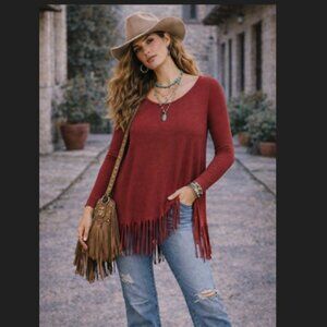Piko 1988 Bamboo Fringe Tunic S Red Oversized Boho Lagenlook Western Chic